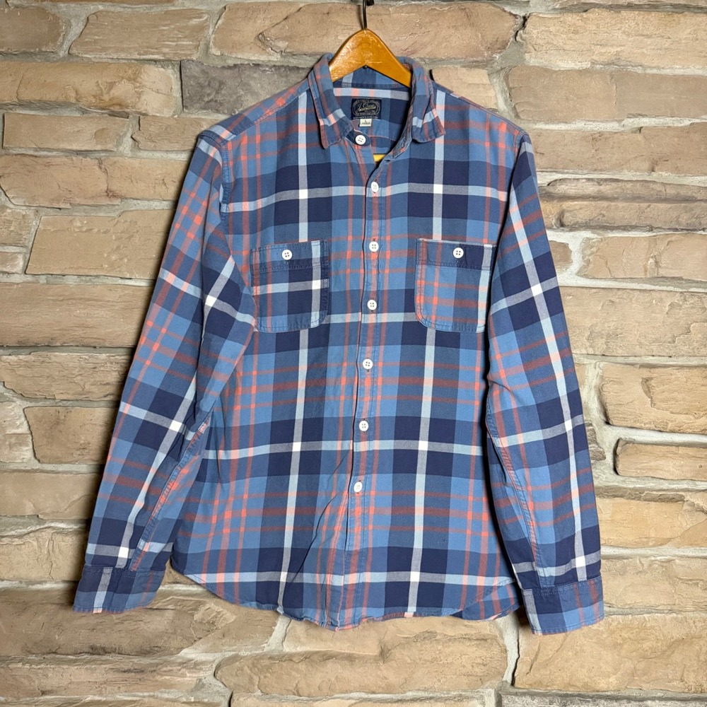 J Crew New York Plaid Button Down Shirt Mens Size Large Blue Orange Cotton